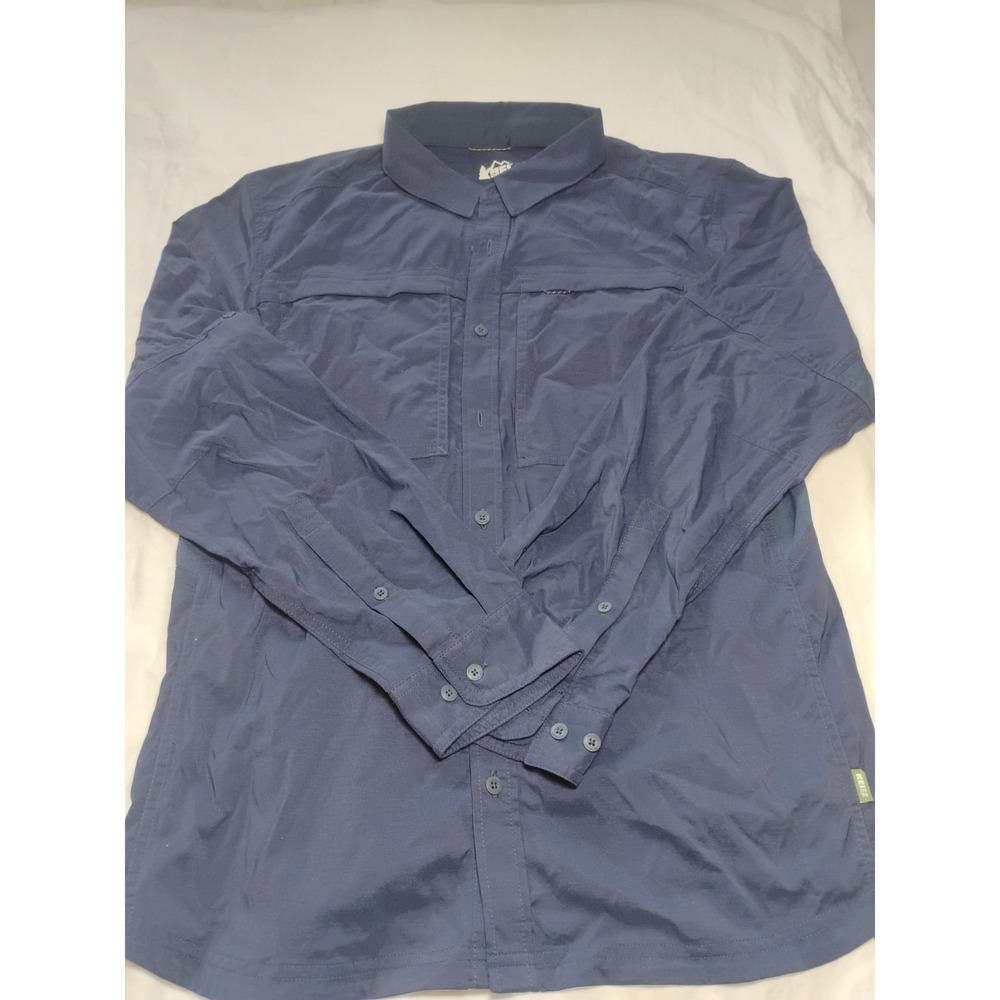 REI Co-Op Hiking Shirt Mens Medium‎ Navy Blue Button Up Vented Long Sleeve